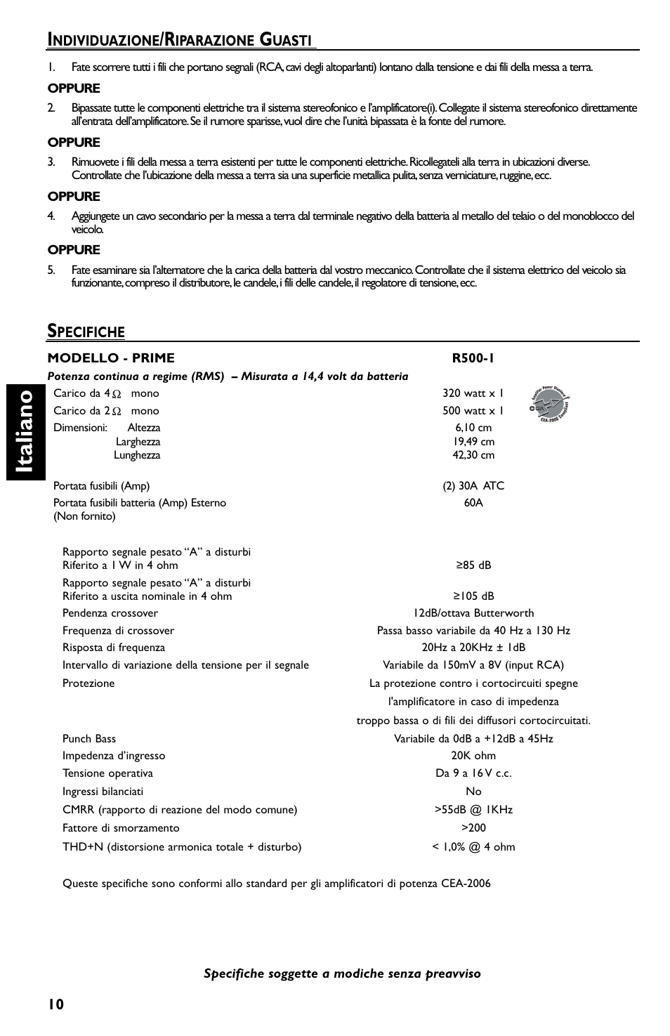 Italia n o | Rockford Fosgate Prime R500-1 User Manual | Page 50 / 52