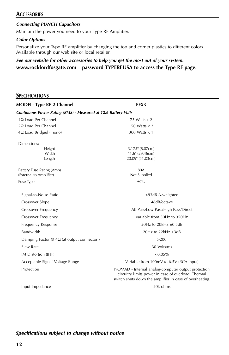 12 specifications subject to change without notice, Pecifications, Ccessories | Rockford Fosgate FFX3 User Manual | Page 12 / 64