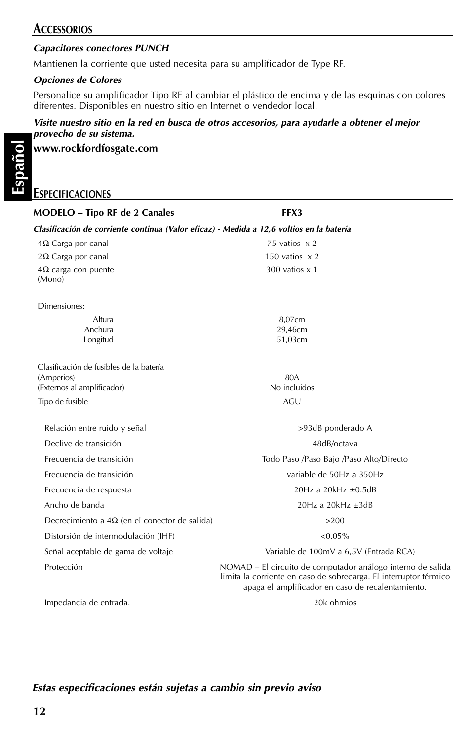Espa ñ ol | Rockford Fosgate FFX3 User Manual | Page 36 / 64