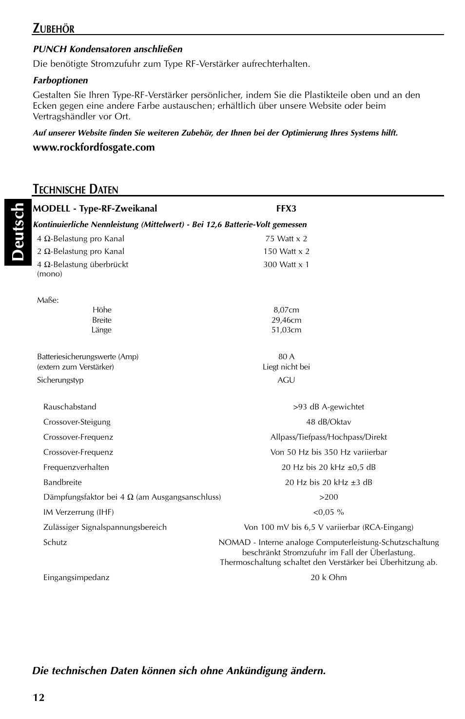 Deutsch, Echnische, Ubehör | Rockford Fosgate FFX3 User Manual | Page 48 / 64