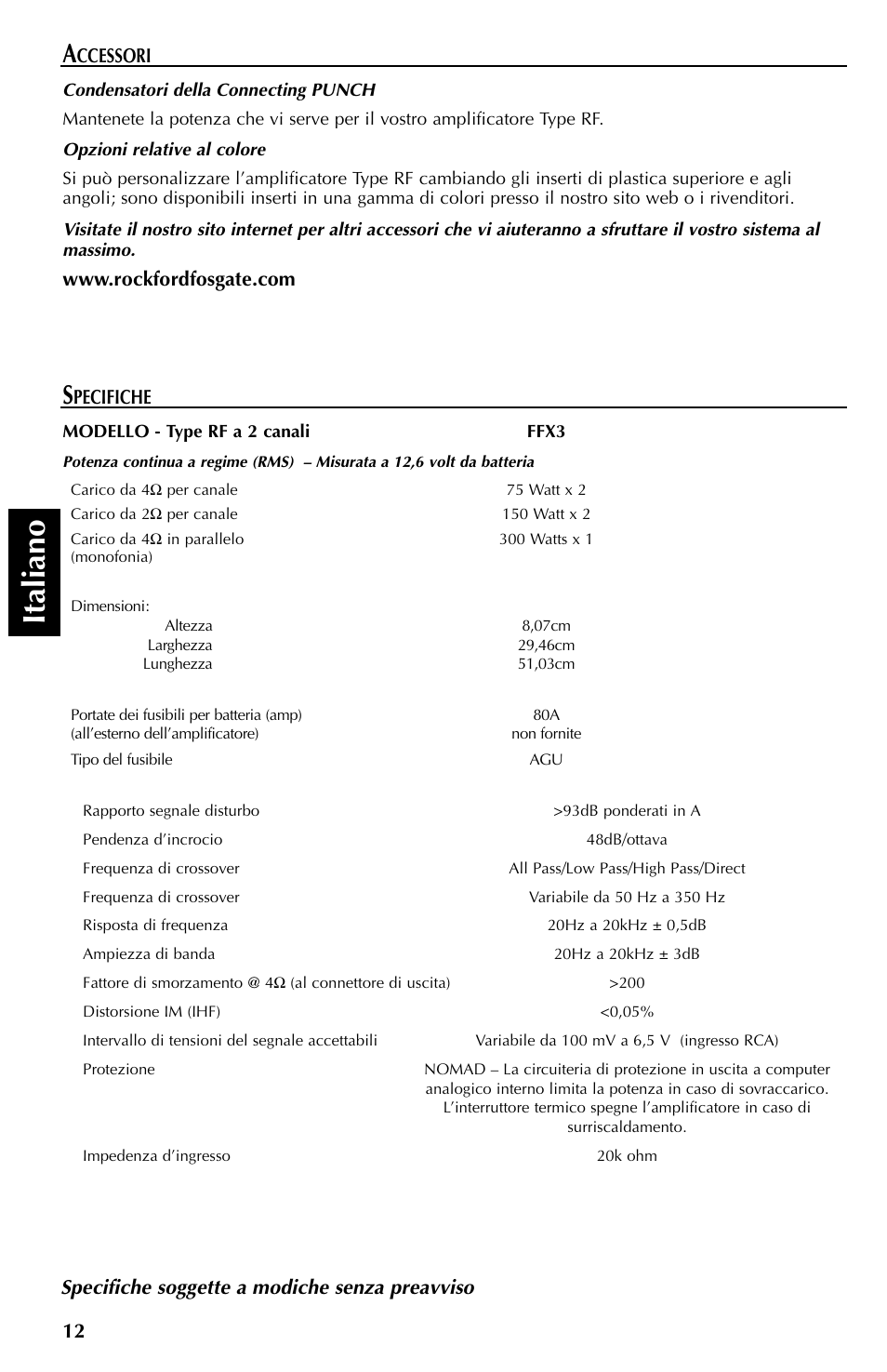 Italiano, Ccessori | Rockford Fosgate FFX3 User Manual | Page 60 / 64