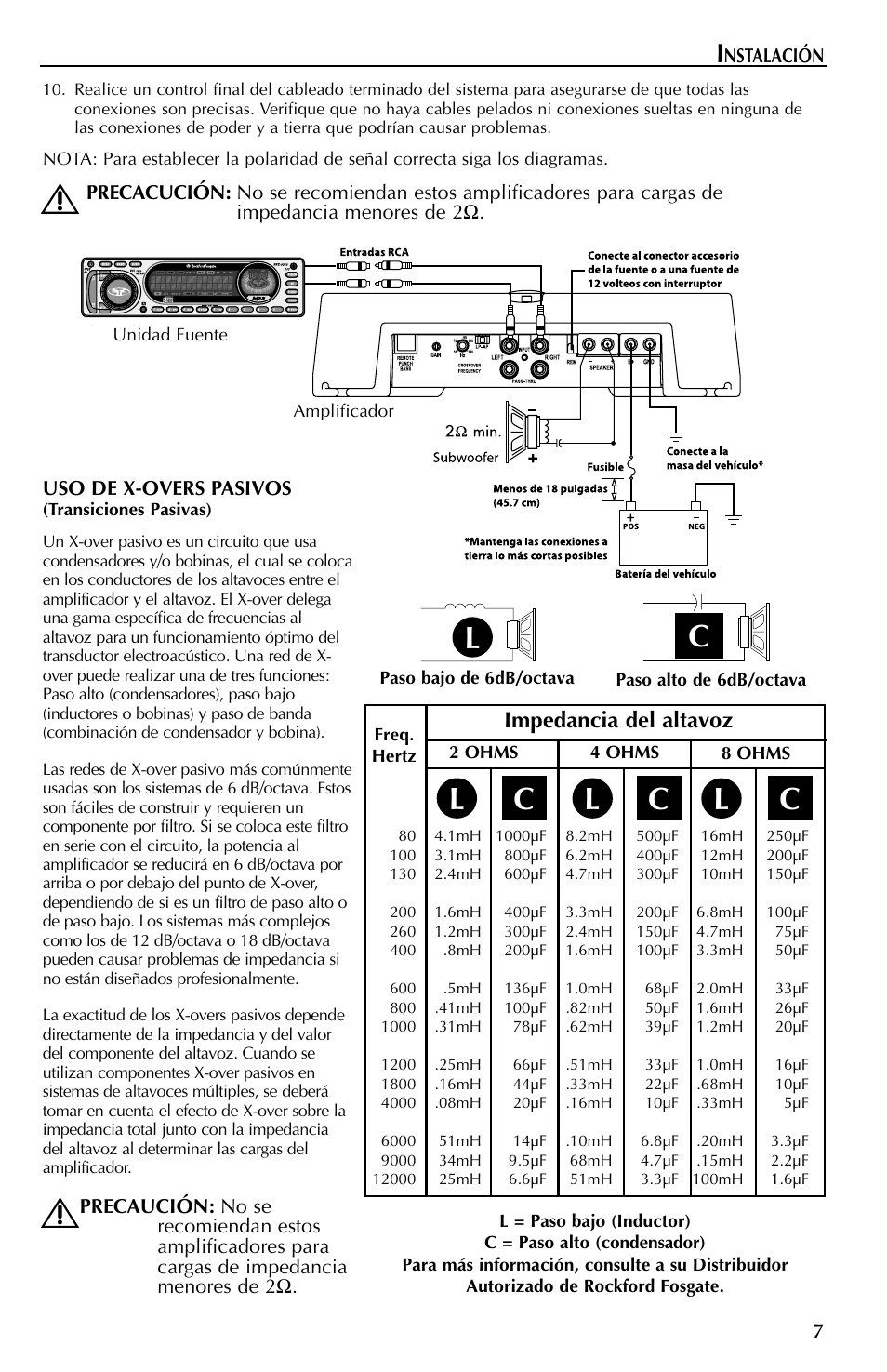 Lc c c, Impedancia del altavoz | Rockford Fosgate 351M User Manual | Page 27 / 52