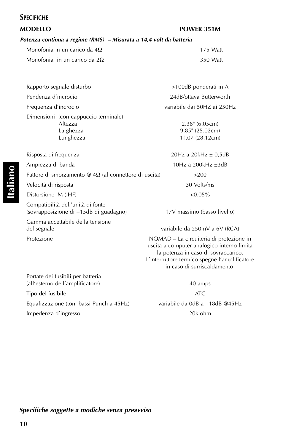 Italiano | Rockford Fosgate 351M User Manual | Page 50 / 52