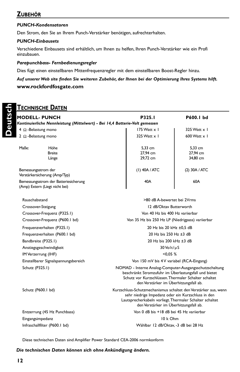 Deutsch, Echnische, Aten | Ubehör | Rockford Fosgate P600..I bd User Manual | Page 48 / 64