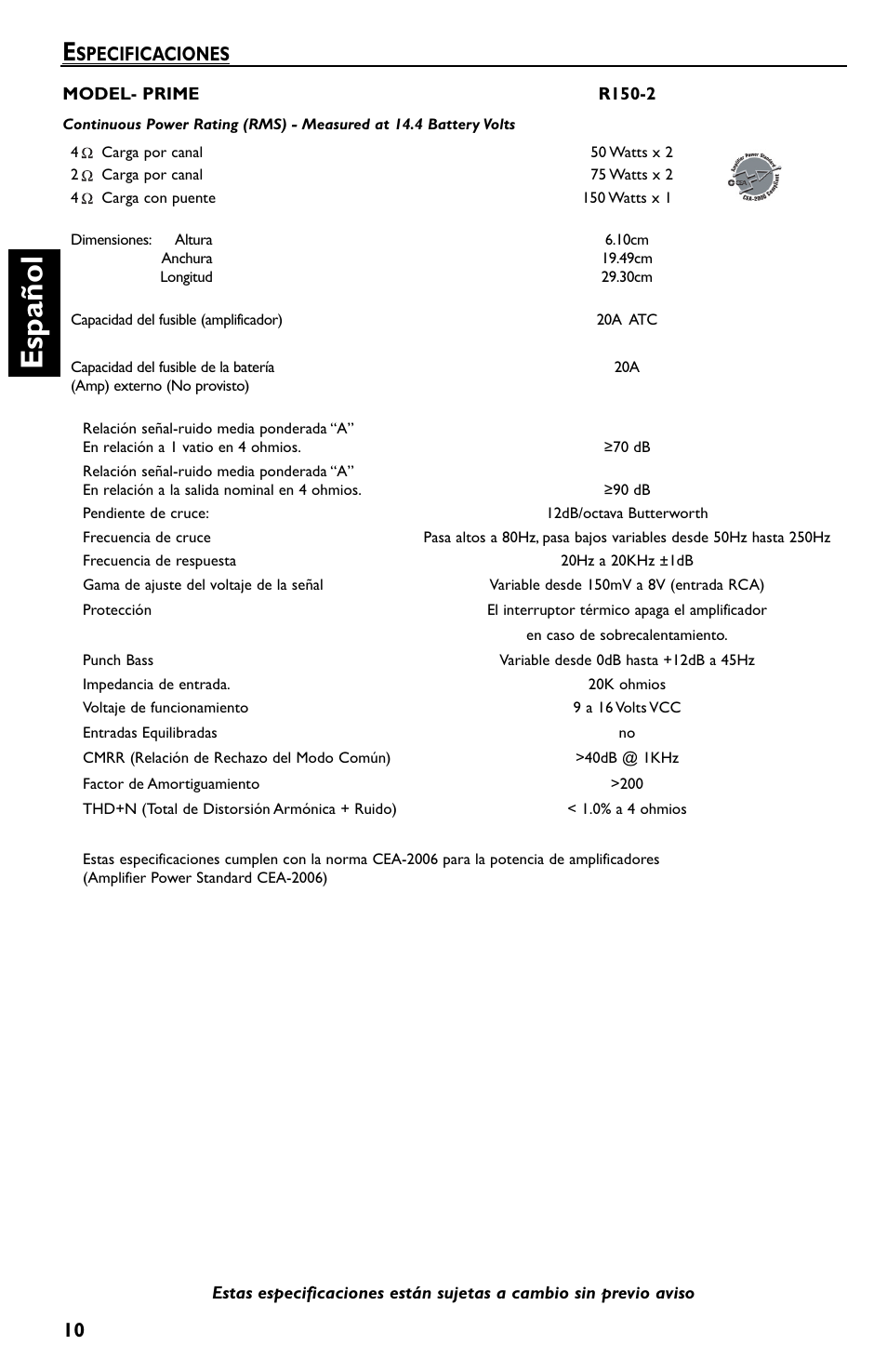 Es p añol, Specificaciones | Rockford Fosgate Prime R150-2 User Manual | Page 30 / 52