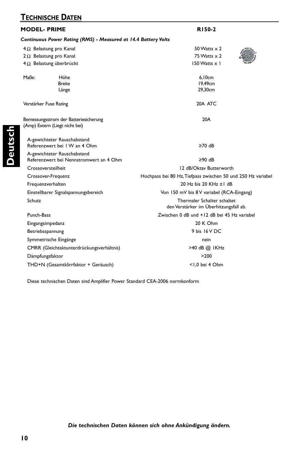 Deutsch, Echnische, Aten | Rockford Fosgate Prime R150-2 User Manual | Page 40 / 52