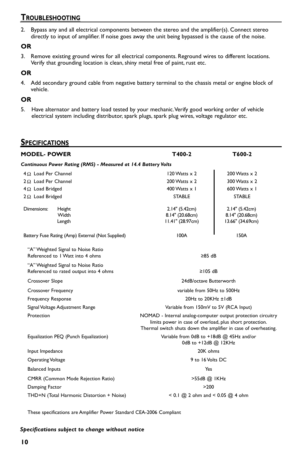 Pecifications, Roubleshooting | Rockford Fosgate T600-2 User Manual | Page 10 / 52