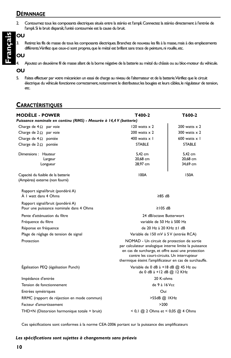 Français, Épannage, Aractéristiques | Rockford Fosgate T600-2 User Manual | Page 20 / 52