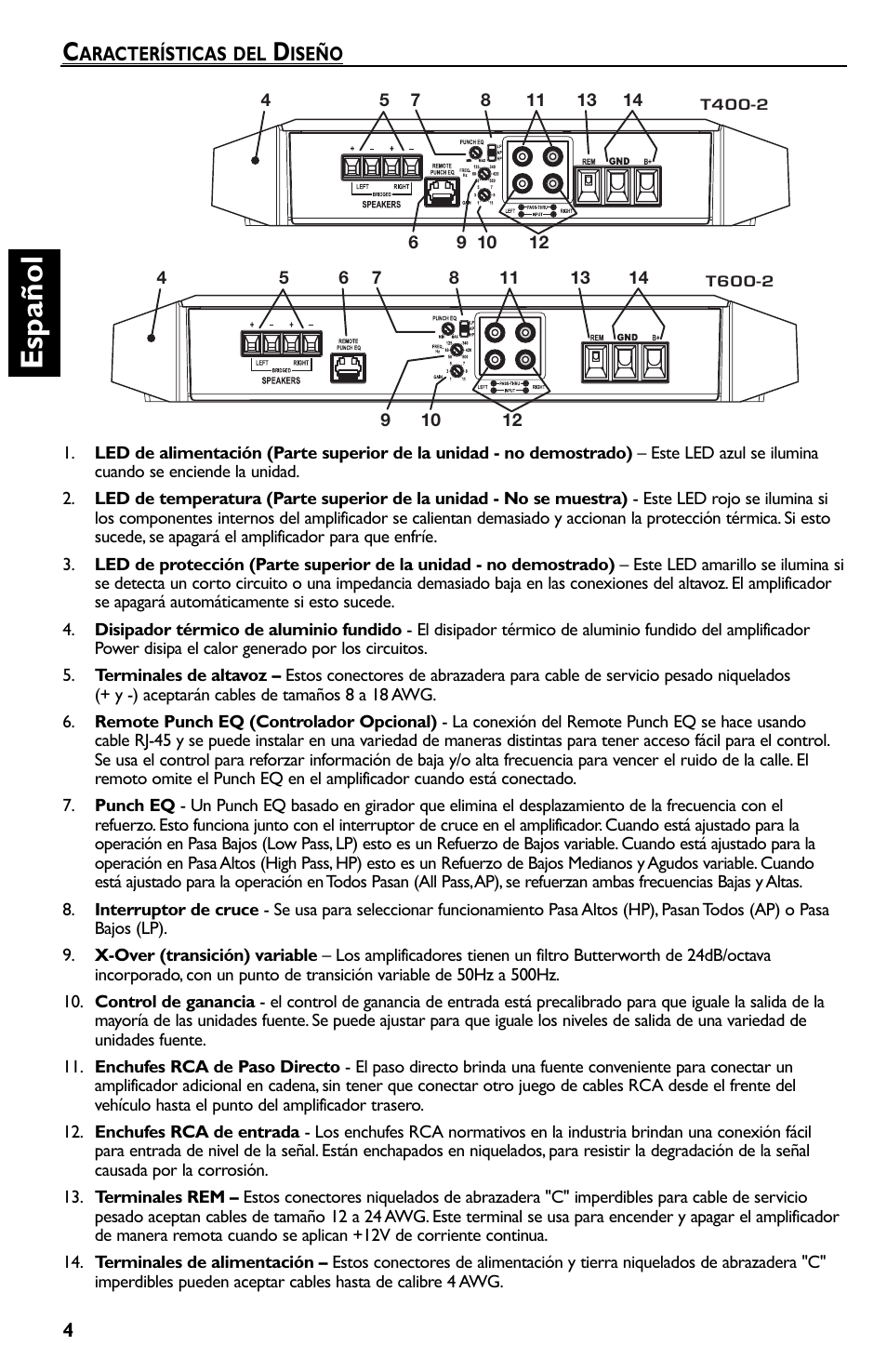 Español | Rockford Fosgate T600-2 User Manual | Page 24 / 52