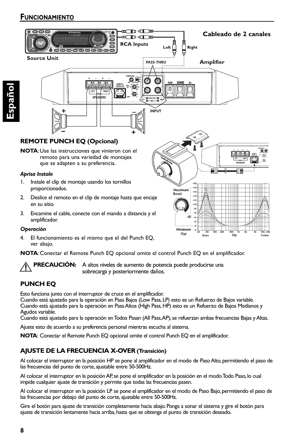 Español, Uncionamiento remote punch eq (opcional), Punch eq | Ajuste de la frecuencia x-over, Cableado de 2 canales | Rockford Fosgate T600-2 User Manual | Page 28 / 52