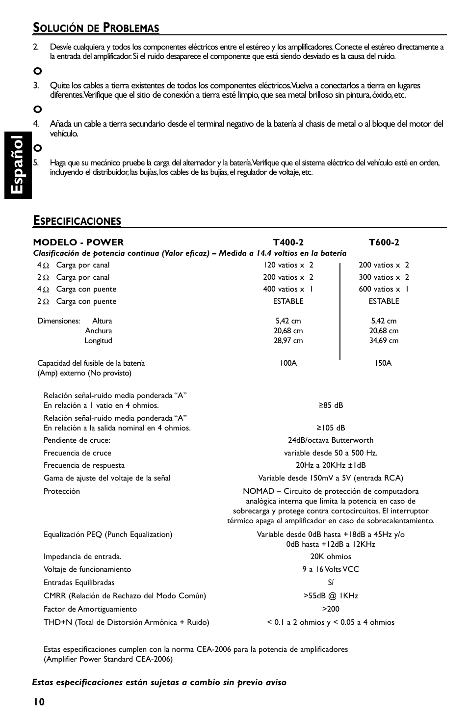 Español, Specificaciones, Olución de | Roblemas | Rockford Fosgate T600-2 User Manual | Page 30 / 52