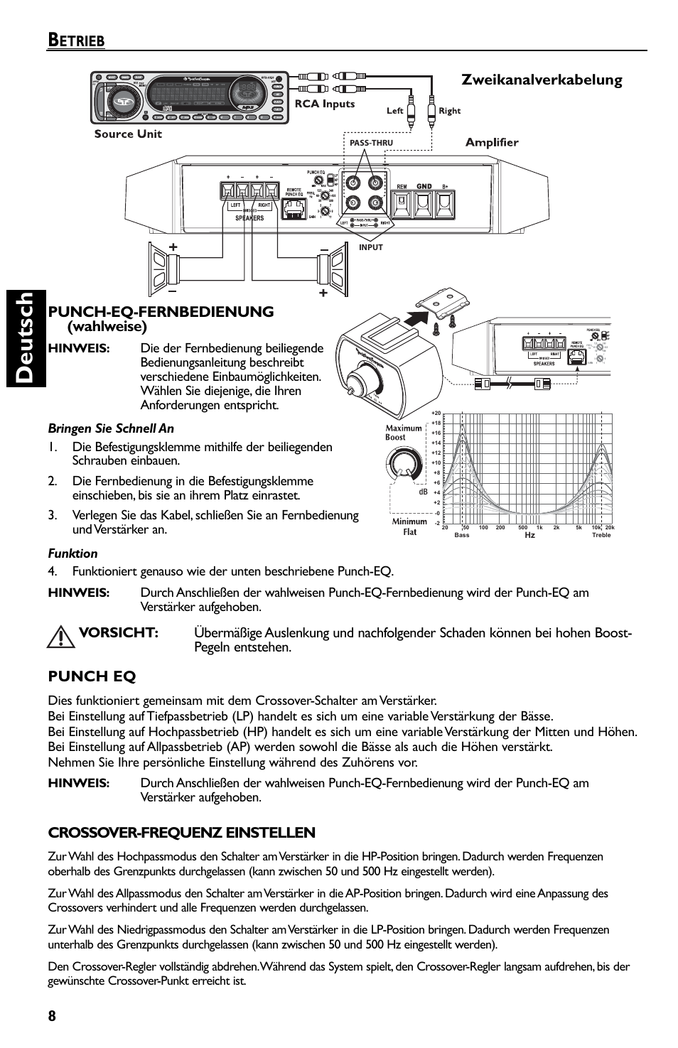 Deutsch, Etrieb punch-eq-fernbedienung (wahlweise), Punch eq | Crossover-frequenz einstellen, Zweikanalverkabelung | Rockford Fosgate T600-2 User Manual | Page 38 / 52