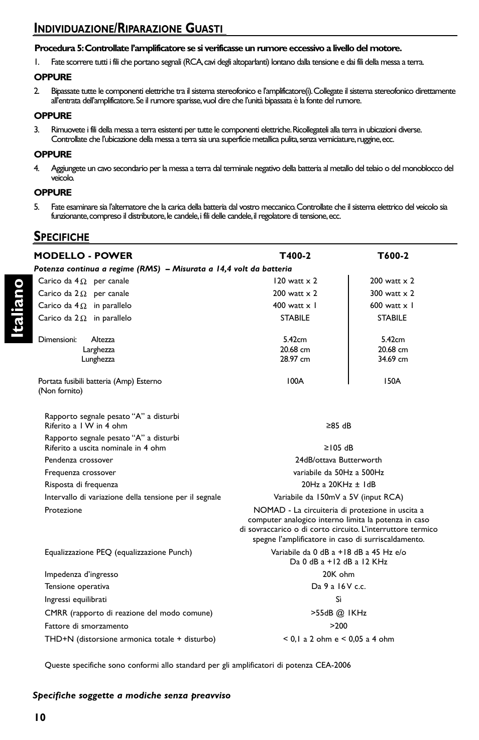 Italiano, Pecifiche, Ndividuazione | Iparazione, Uasti | Rockford Fosgate T600-2 User Manual | Page 50 / 52