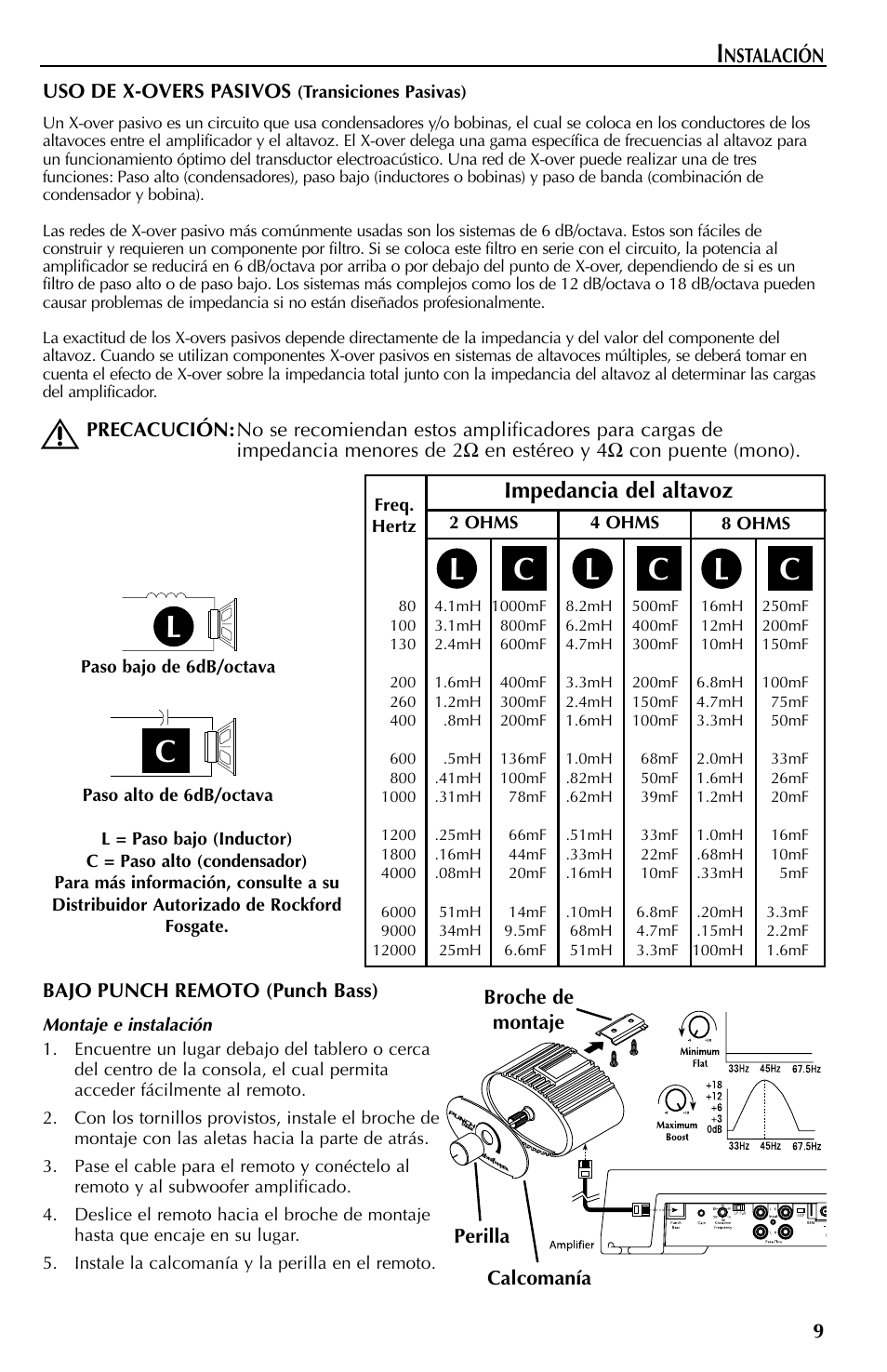 Lc c c, Impedancia del altavoz | Rockford Fosgate 550X User Manual | Page 33 / 64