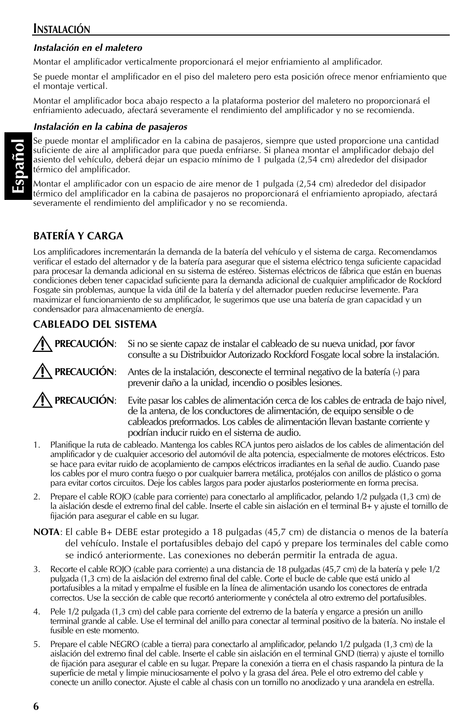 Espa ñ ol | Rockford Fosgate Mono Amplifiers User Manual | Page 18 / 28