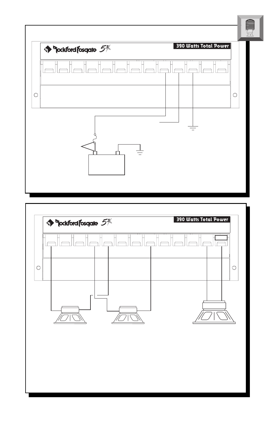 26 – power connections 3-channel operation, 390 watts total power | Rockford Fosgate 5.3x User Manual | Page 29 / 52