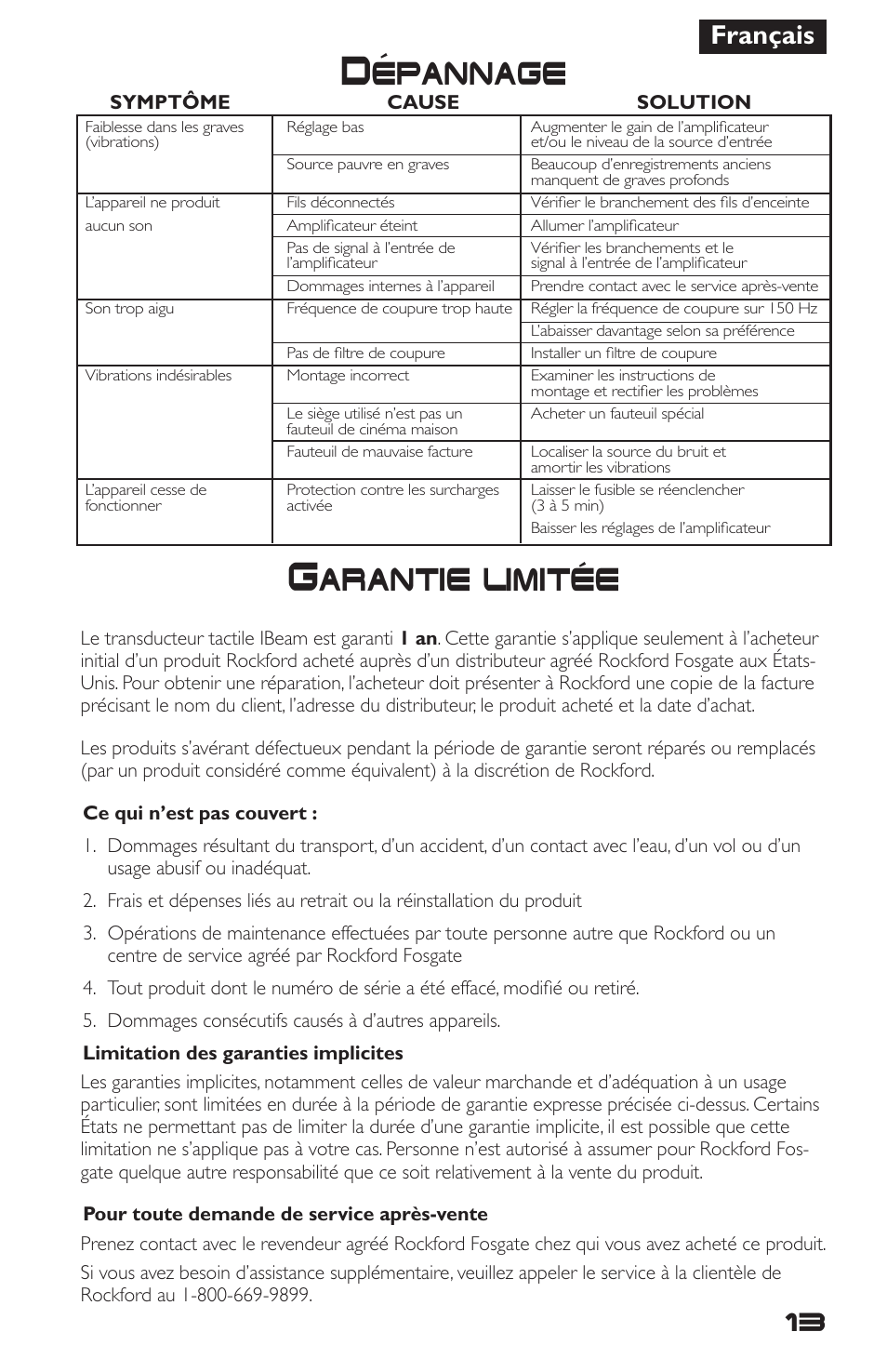 Depannage, Garantie limitee, Français | Rockford Fosgate IBeam IB-200 User Manual | Page 13 / 20