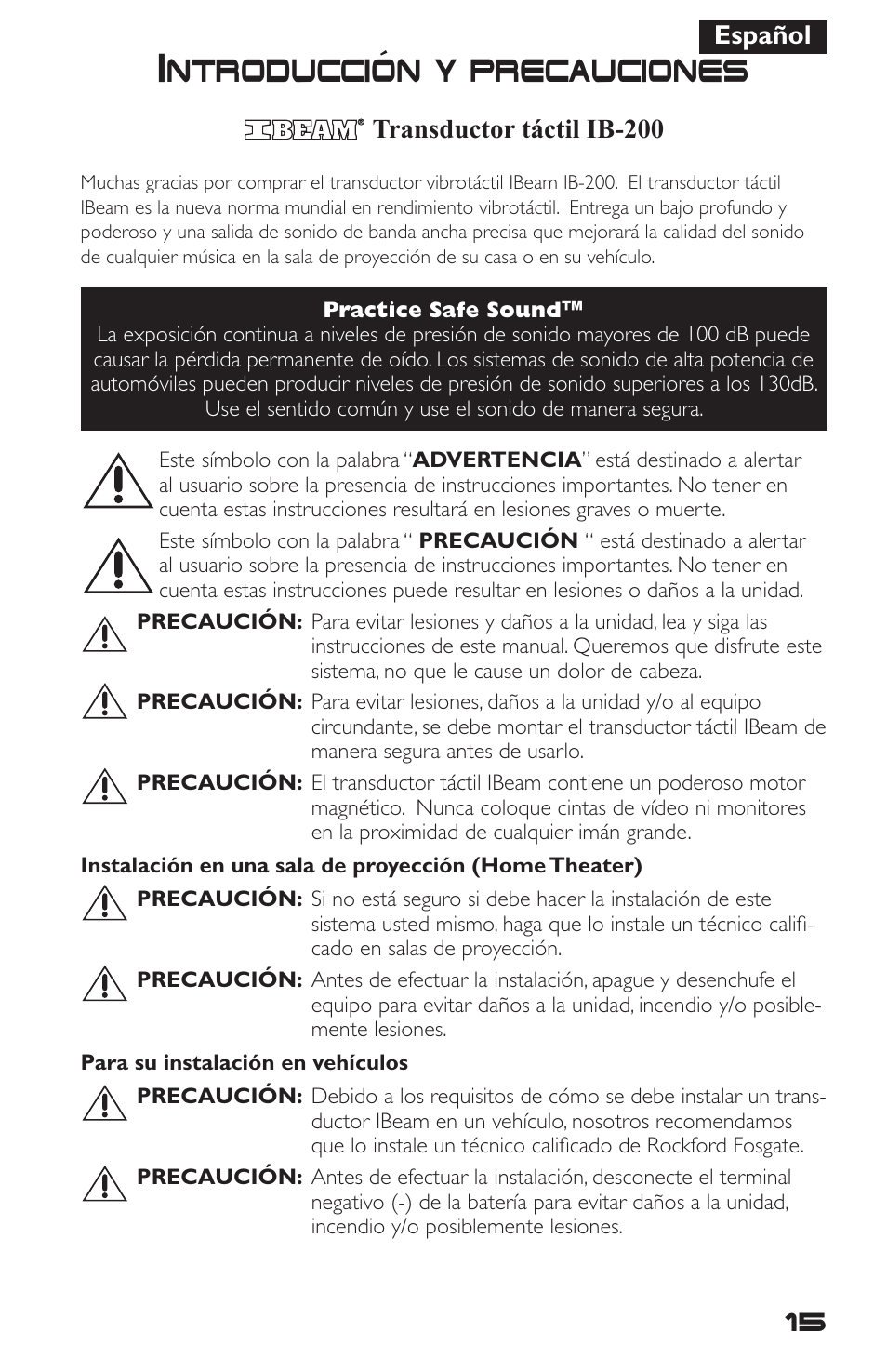 Introduccion y precauciones, Español, Transductor táctil ib-200 | Rockford Fosgate IBeam IB-200 User Manual | Page 15 / 20