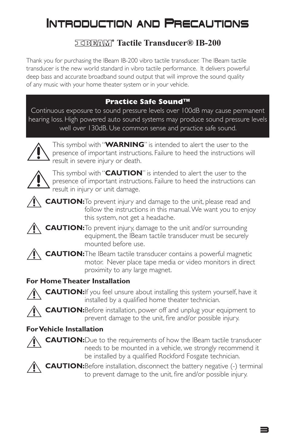 Introduction and precautions, Tactile transducer® ib-200 | Rockford Fosgate IBeam IB-200 User Manual | Page 3 / 20