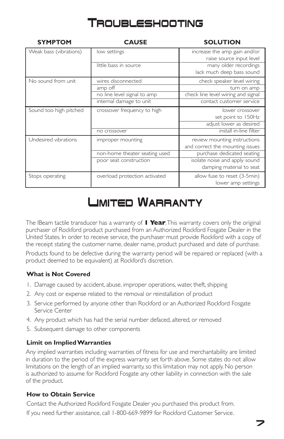 Troubleshooting, Limited warranty | Rockford Fosgate IBeam IB-200 User Manual | Page 7 / 20