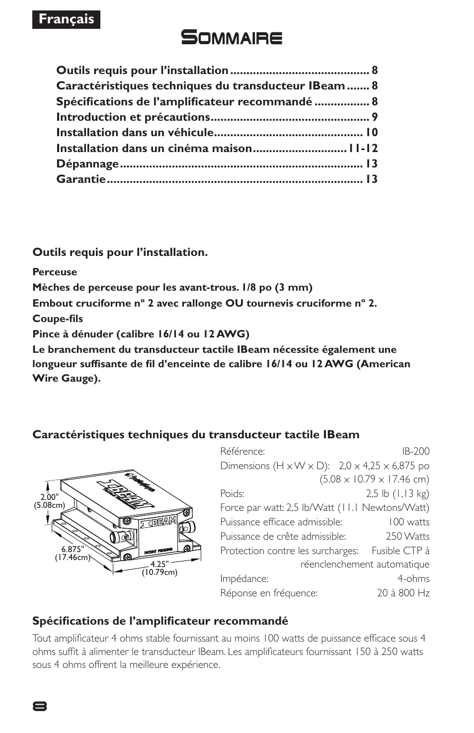 Sommaire, Français | Rockford Fosgate IBeam IB-200 User Manual | Page 8 / 20
