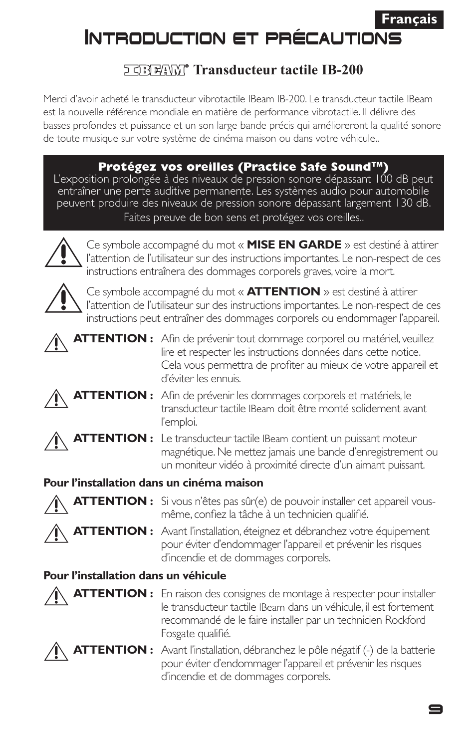 Introduction et precautions, Français, Transducteur tactile ib-200 | Rockford Fosgate IBeam IB-200 User Manual | Page 9 / 20