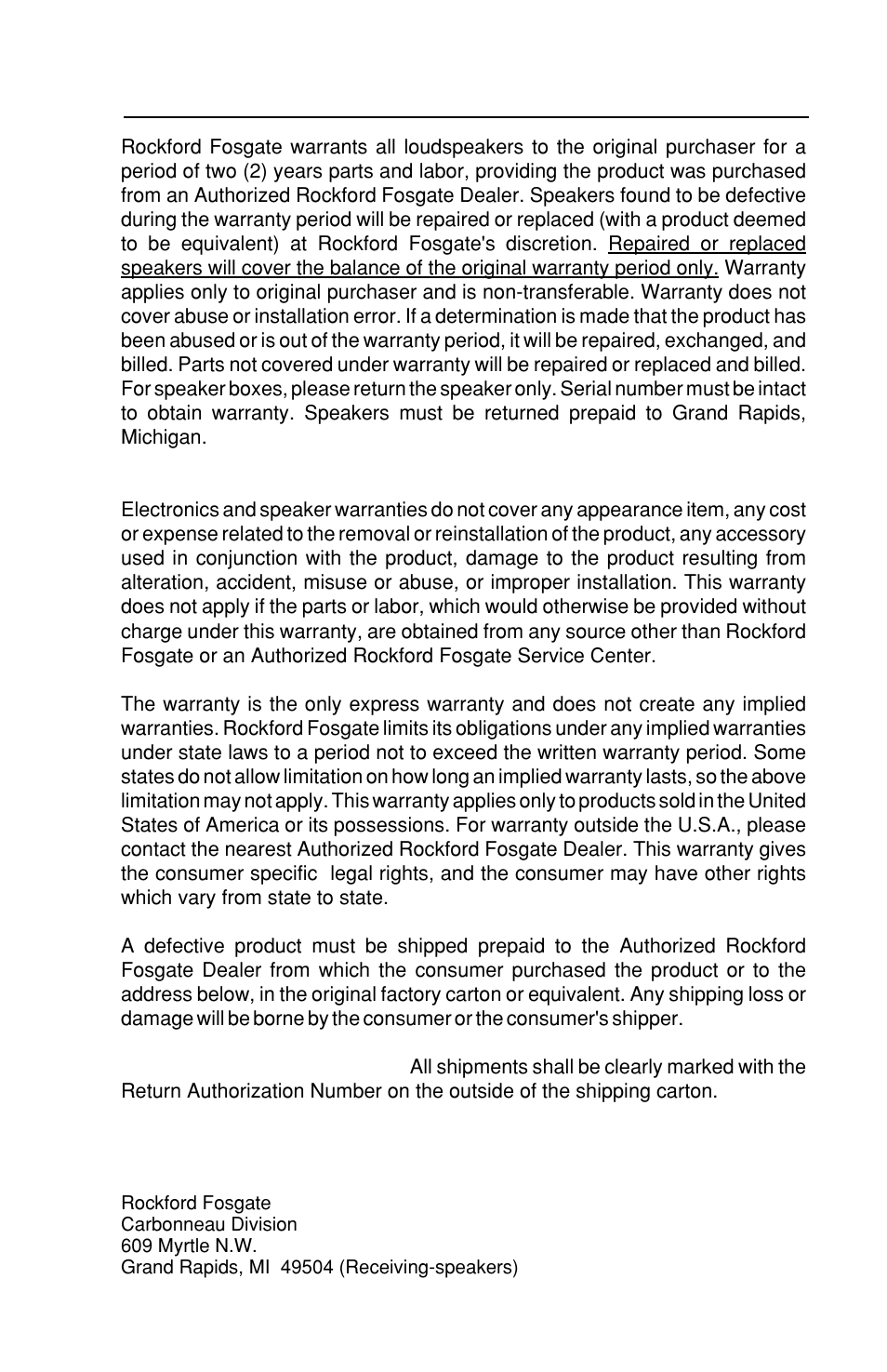 Warranty information | Rockford Fosgate RFA-414 User Manual | Page 15 / 16
