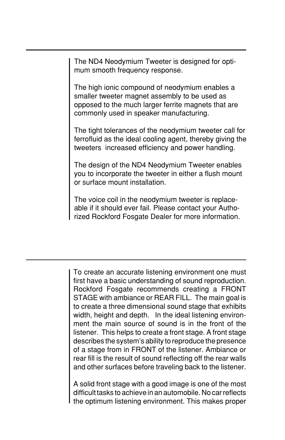 Punch audio phile nd4 neodymium tweeter, Speaker placement for proper sound staging | Rockford Fosgate RFA-414 User Manual | Page 8 / 16