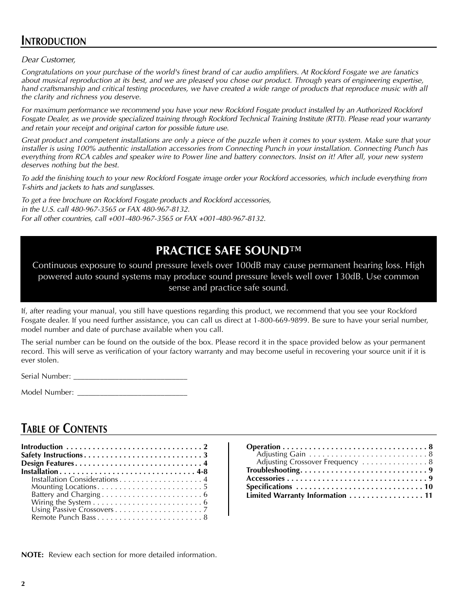 Practice safe sound, Ntroduction, Able of | Ontents | Rockford Fosgate X150.1 User Manual | Page 2 / 12
