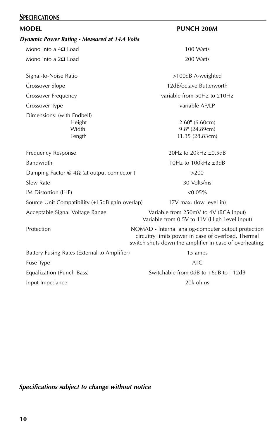 Specs | Rockford Fosgate Mono Amplifier User Manual | Page 10 / 12