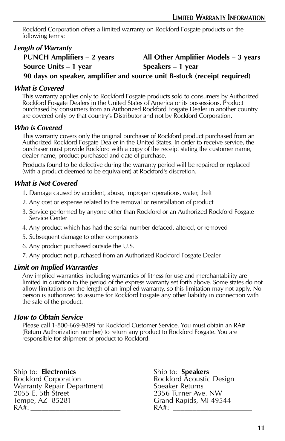 Warranty | Rockford Fosgate Mono Amplifier User Manual | Page 11 / 12