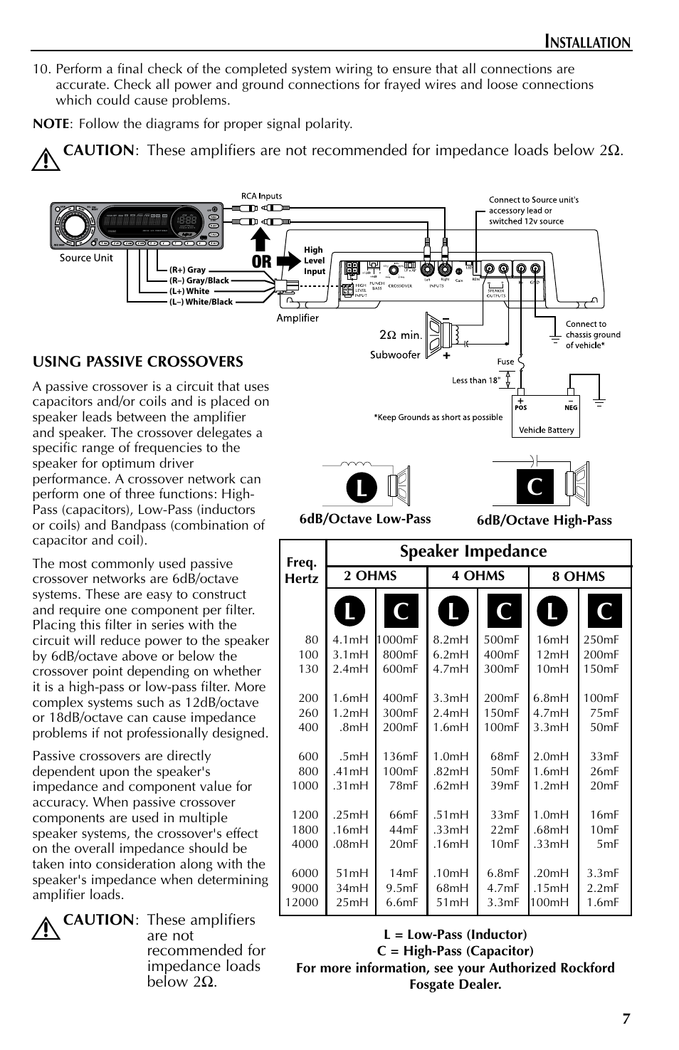 Using passive crossovers, Wiring, Lc c c | Speaker impedance | Rockford Fosgate Mono Amplifier User Manual | Page 7 / 12