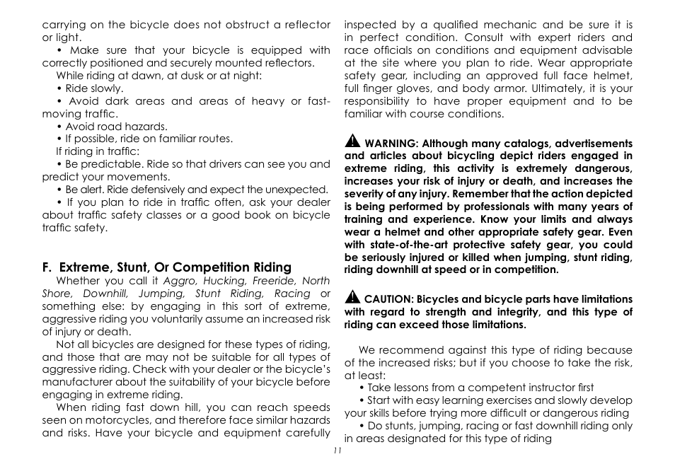F. extreme, stunt, or competition riding | Raleigh None User Manual | Page 11 / 32