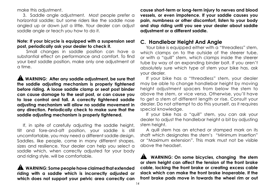 C. handlebar height and angle | Raleigh None User Manual | Page 14 / 32