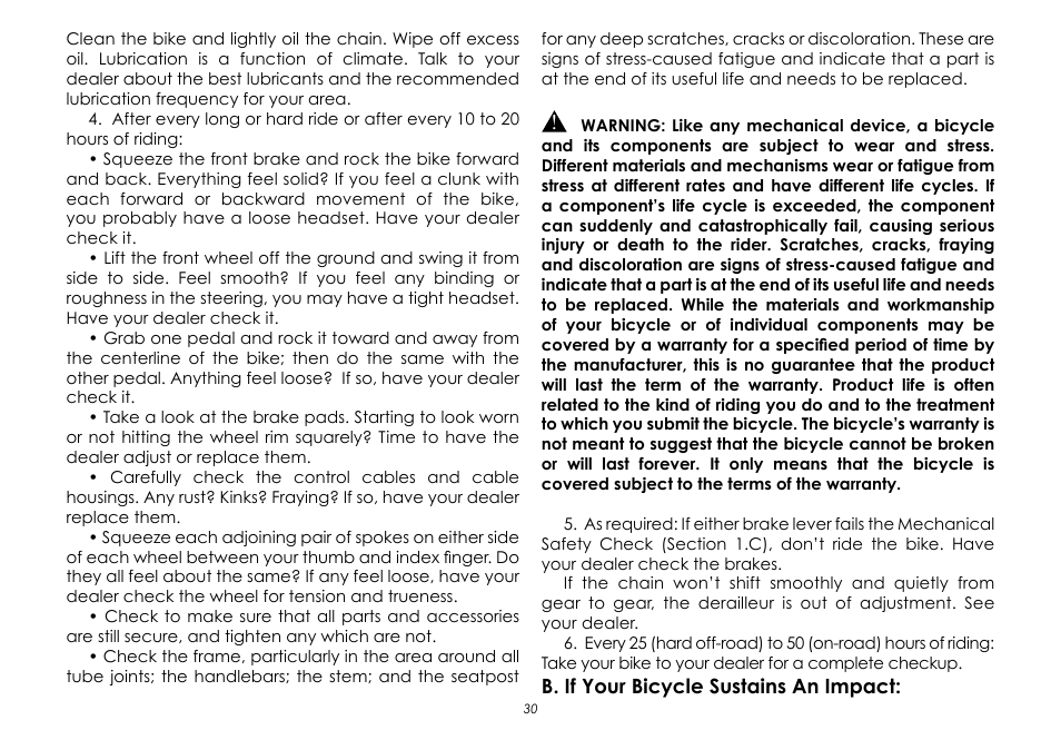 B. if your bicycle sustains an impact | Raleigh None User Manual | Page 30 / 32