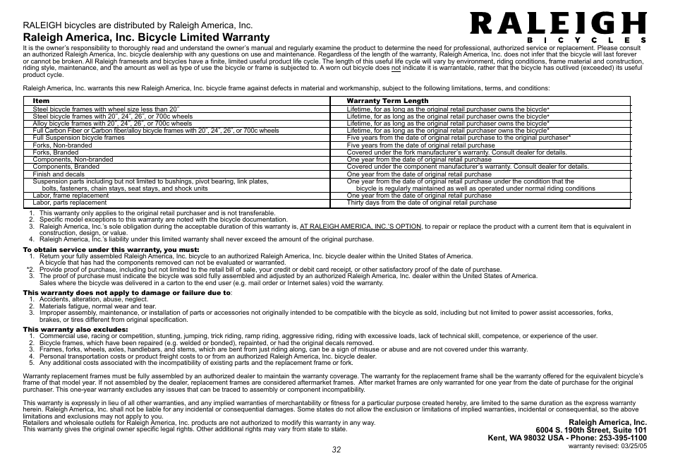 Raleigh america, inc. bicycle limited warranty | Raleigh None User Manual | Page 32 / 32