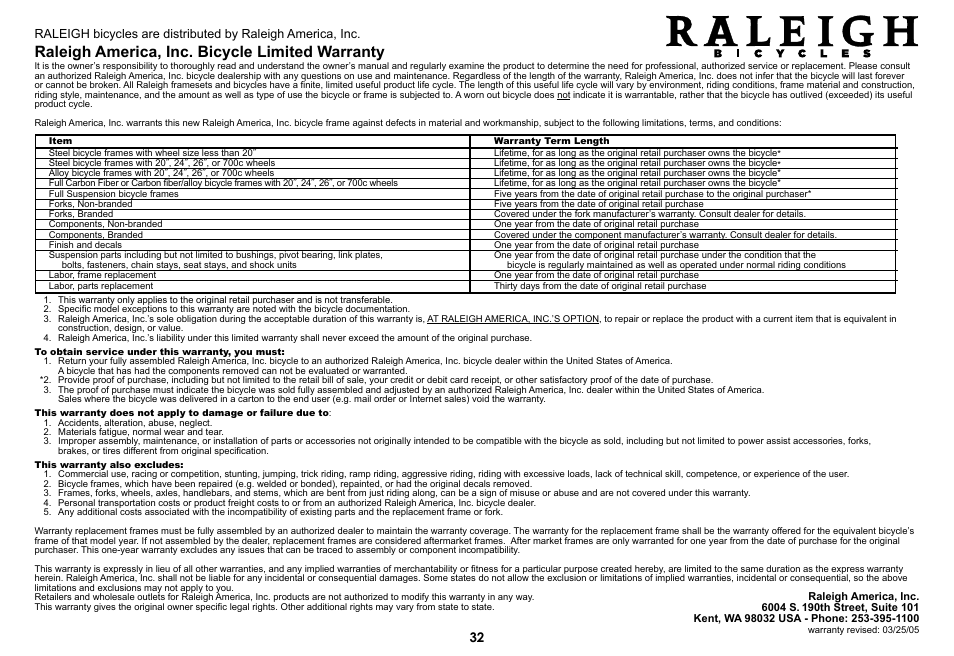Raleigh america, inc. bicycle limited warranty | Raleigh 2008 User Manual | Page 32 / 32