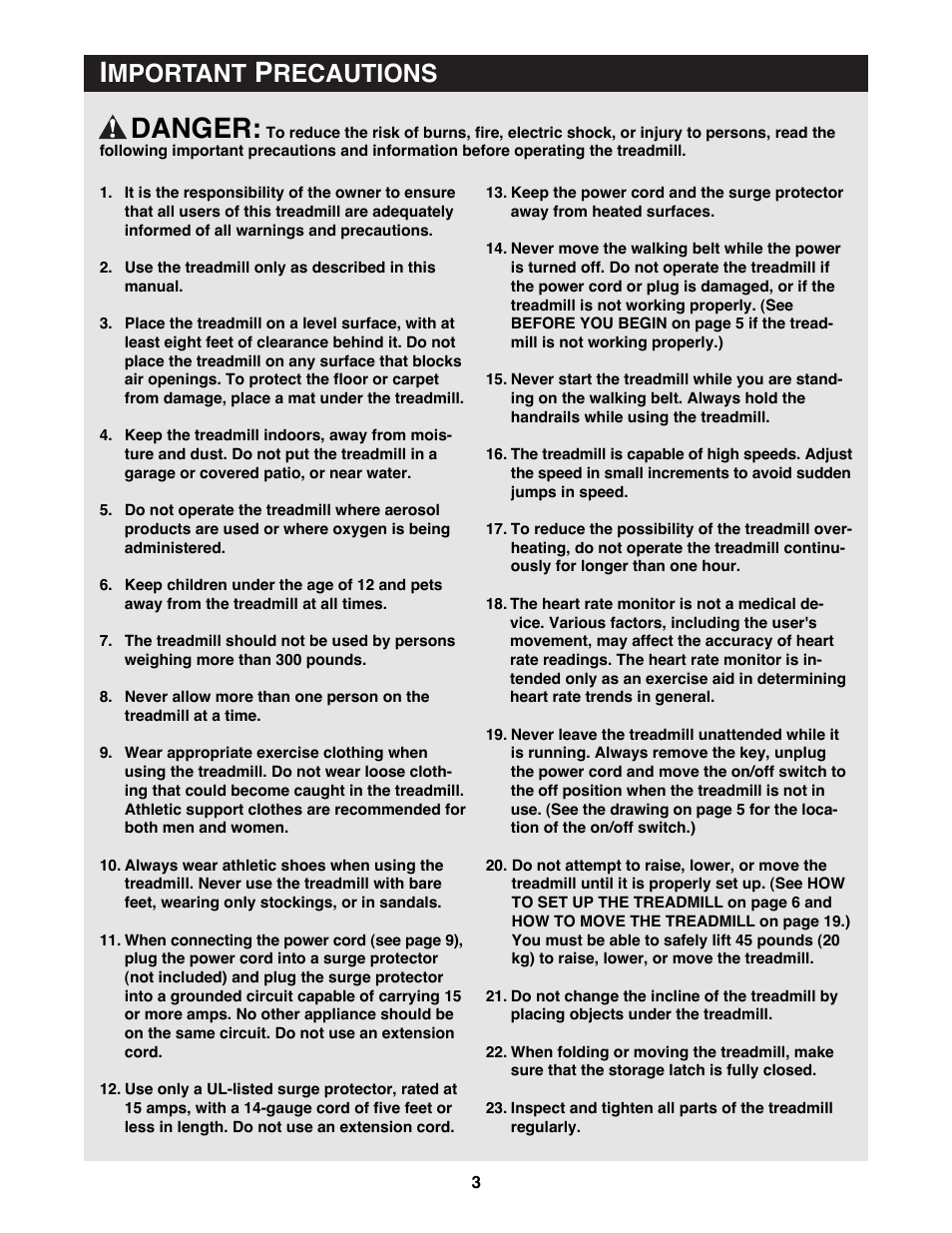 Danger, Mportant, Recautions | Reebok Fitness RBTL15981 User Manual | Page 3 / 30