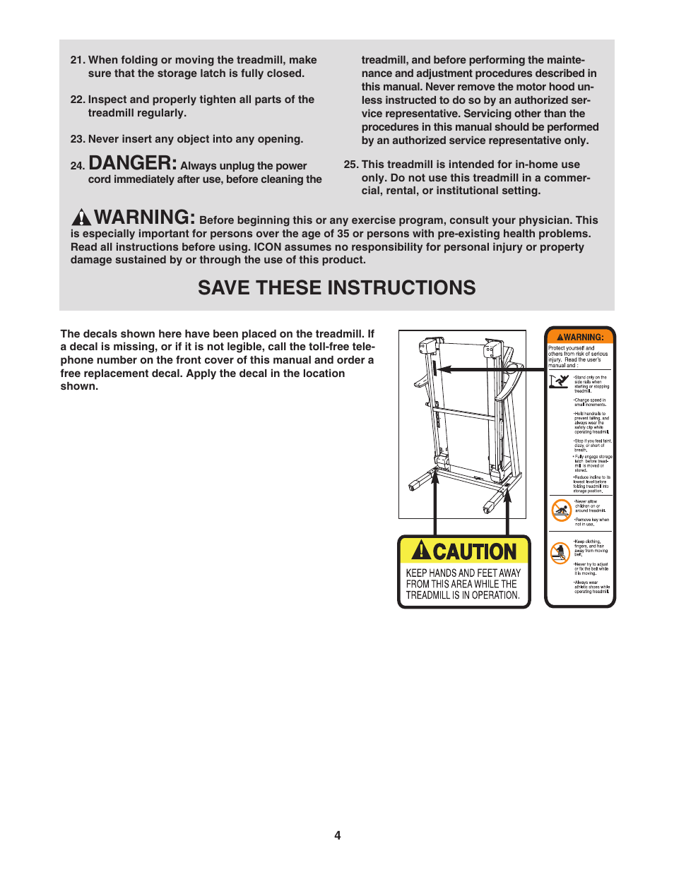 Danger, Warning, Save these instructions | Reebok Fitness VISTA 8500 RBTL09906.0 User Manual | Page 4 / 36