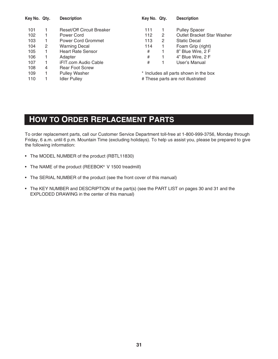 Ow to, Rder, Eplacement | Arts | Reebok Fitness V1500 RBTL11830 User Manual | Page 31 / 34