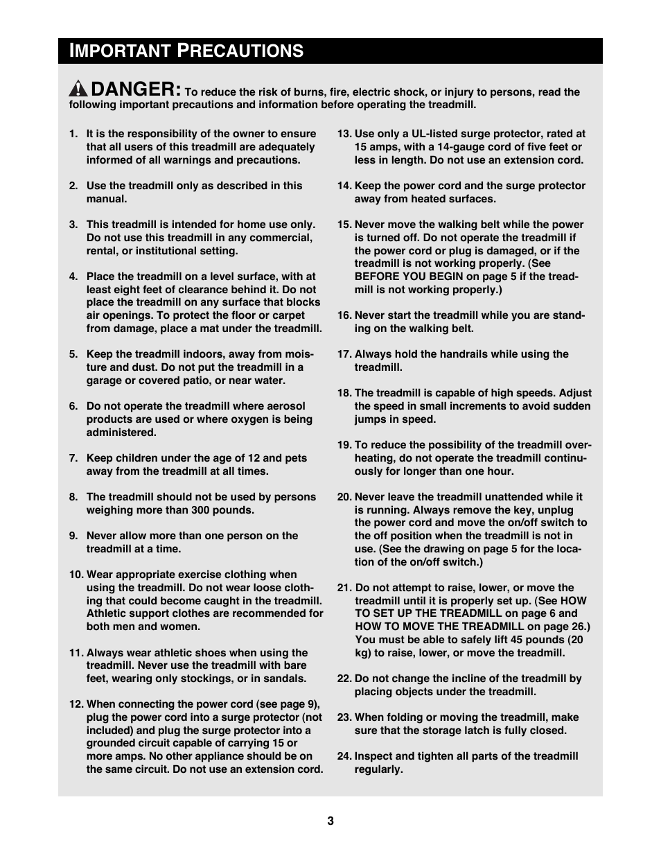 Danger, Mportant, Recautions | Reebok Fitness ACD3 RBTL15990 User Manual | Page 3 / 38