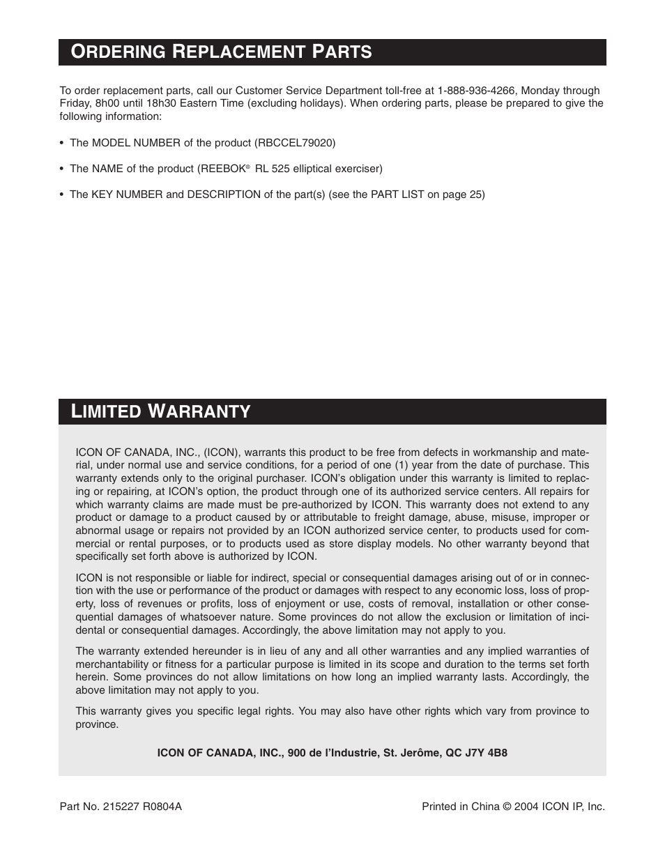 Rdering, Eplacement, Arts | Imited, Arranty | Reebok Fitness RL 525 RBCCEL79020 User Manual | Page 28 / 28