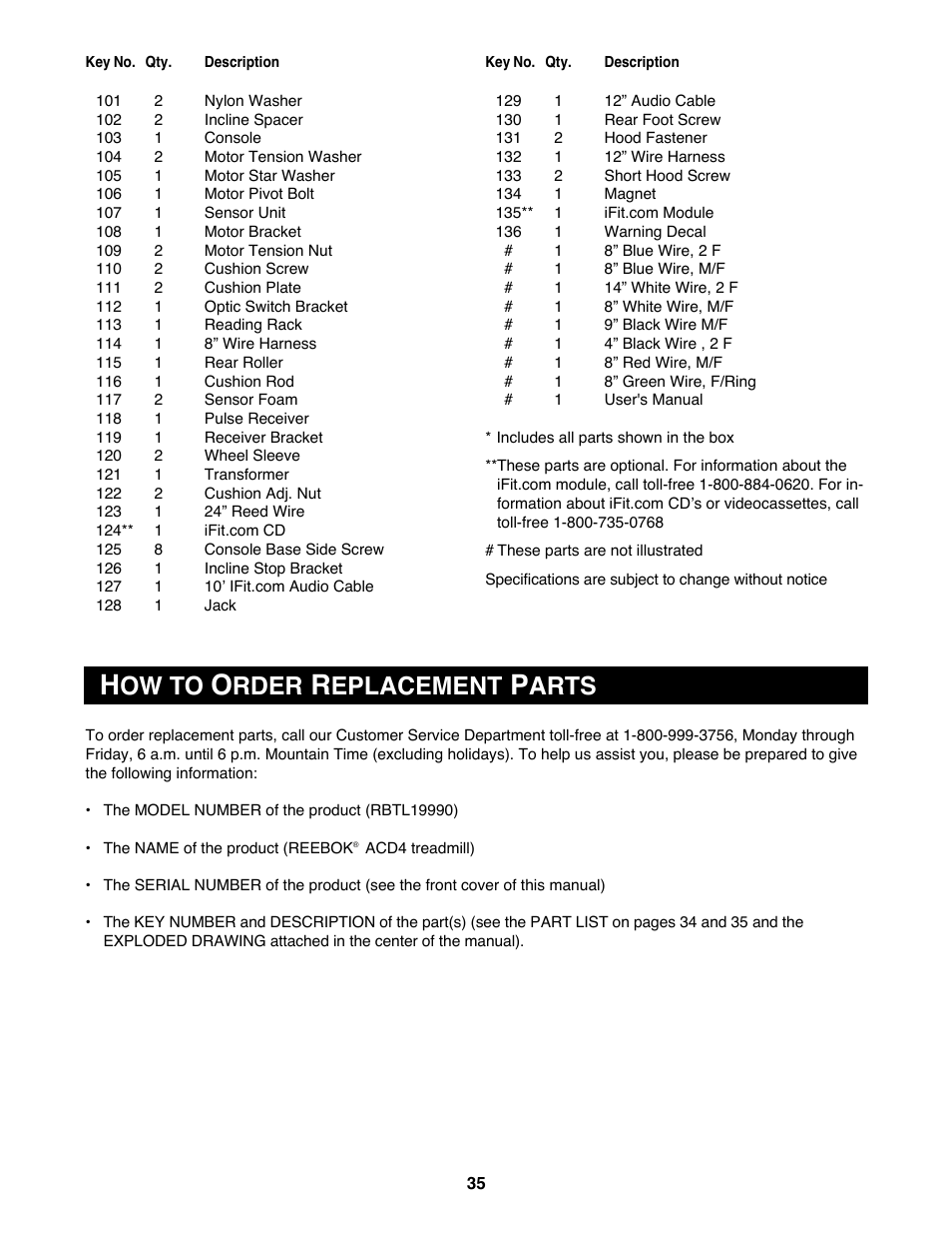 Ow to, Rder, Eplacement | Arts | Reebok Fitness RBTL19990 User Manual | Page 35 / 38