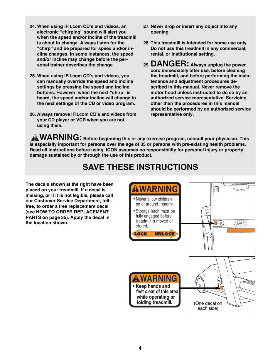 Danger, Warning, Save these instructions | Reebok Fitness RBTL19990 User Manual | Page 4 / 38