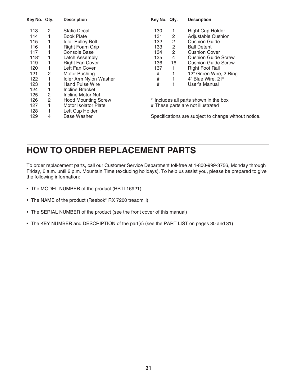 How to order replacement parts | Reebok Fitness RBTL16921 User Manual | Page 31 / 34