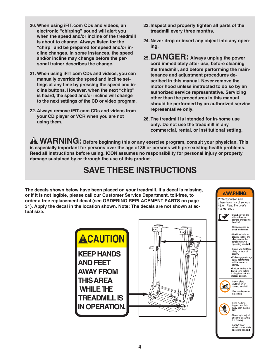 Danger, Warning, Save these instructions | Reebok Fitness RBTL16921 User Manual | Page 4 / 34