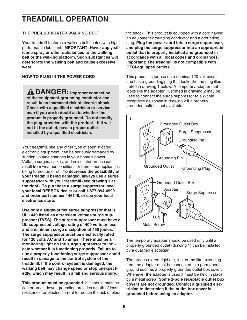 Danger, Treadmill operation | Reebok Fitness 5500C treadmill RBTL111040 User Manual | Page 9 / 34