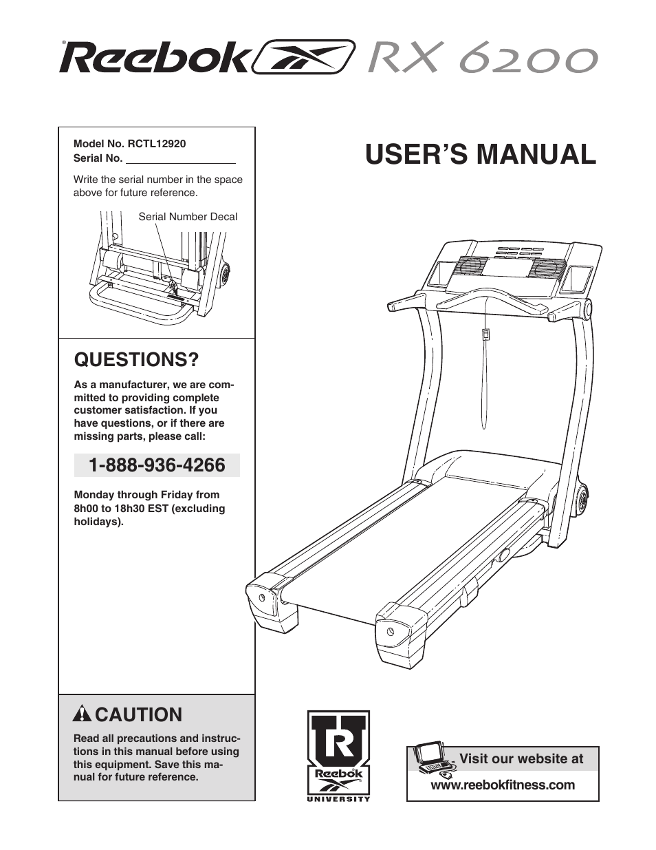 Reebok Fitness RX 6200 treadmill RCTL12920 User Manual | 34 pages