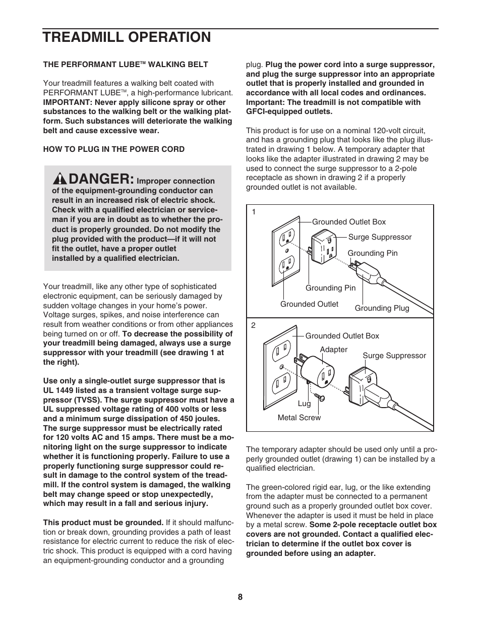 Danger, Treadmill operation | Reebok Fitness RX 6200 treadmill RCTL12920 User Manual | Page 8 / 34