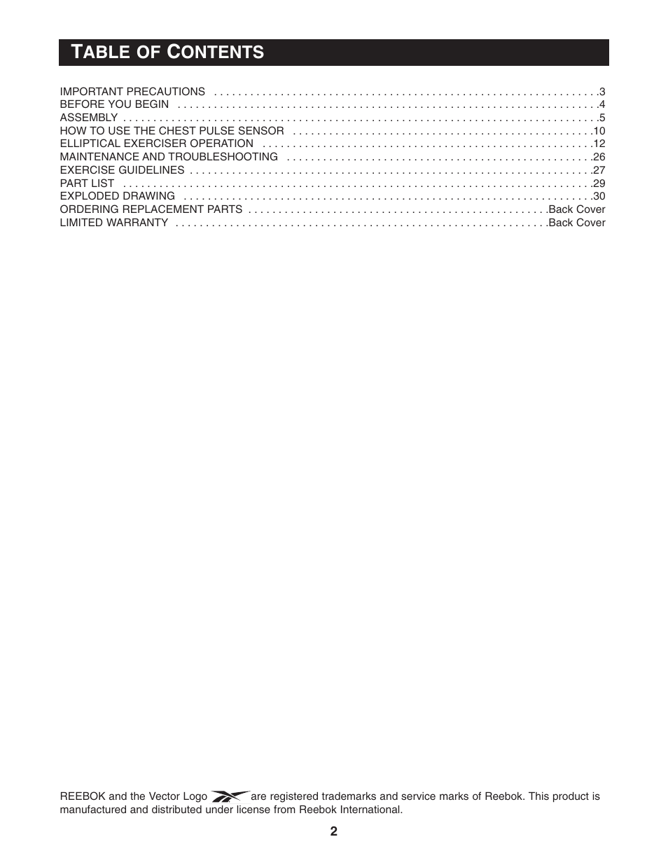 Reebok Fitness RL 725 elliptical exerciser RBCCEL79022 User Manual | Page 2 / 32